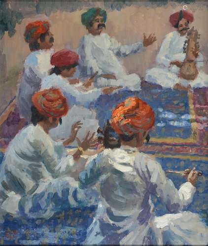 ROY PETTITT (1935-) - JODHPUR MUSICIANS, SIGNED WITH INITIALS, OIL ON HARDBOARD, 34 X 29CM Good