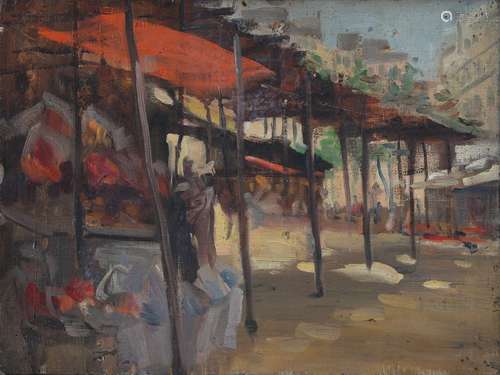 ELLA MARY BANKS, NÉE COATES (1884-1937) - A SUNLIT MARKET, OIL ON PANEL, 30 X 40CM Entirely original