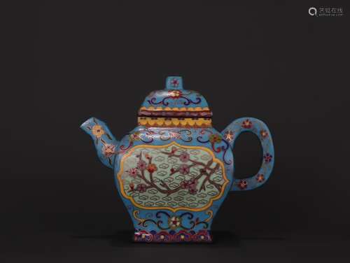 A Chinese Zisha Teapot Of Cloisonne Plum Flower Carving