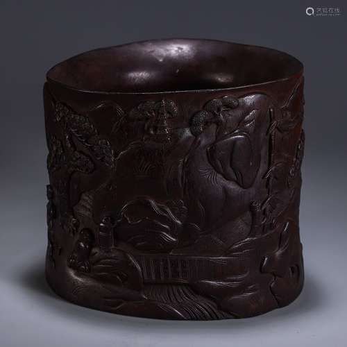 A Chinese Rosewood Figure Landscape Brush Pot