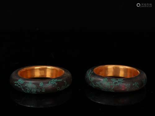 Pair Of Chinese Agarwood Bangles Embeded Gilding