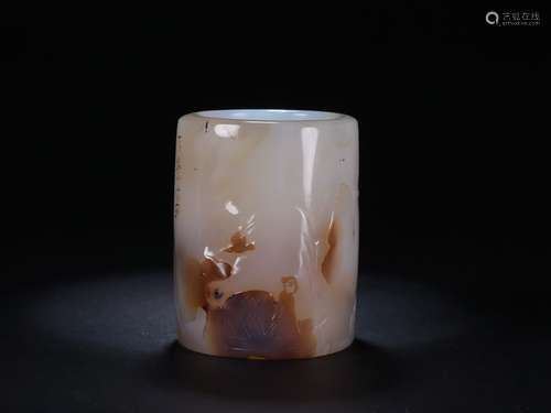 A Chinese Agate Figure&Poetry Brush Pot