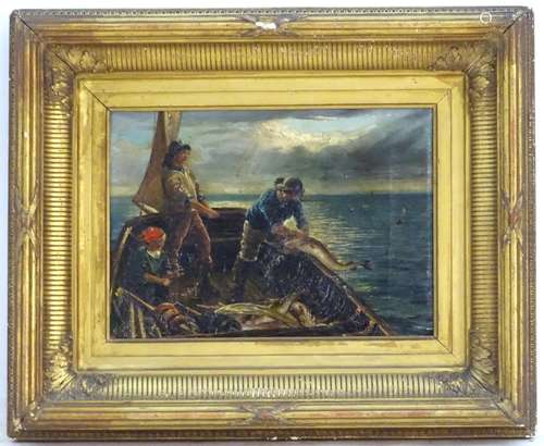 XIX, Scottish School, Oil on canvas, Fishing Trip, A father and two sons reeling in a fish. Signed