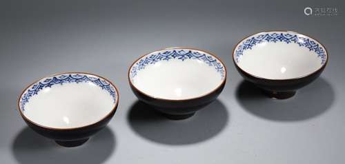 Pair Of Chinese Porcelain Black Glazed Blue&White Bowls