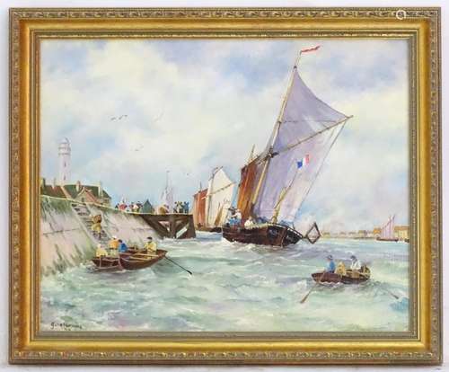 June Perkins, XX, Oil on canvas laid on board, A busy harbour scene with fisherman in rowing