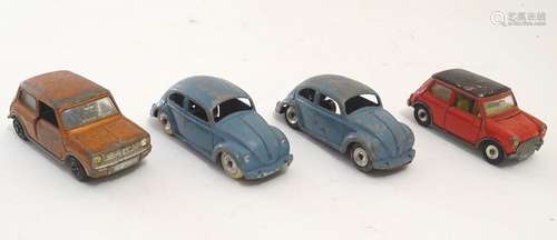 Toys: Four Dinky Toys die cast scale model cars comprising Mini Minor, with red body and black