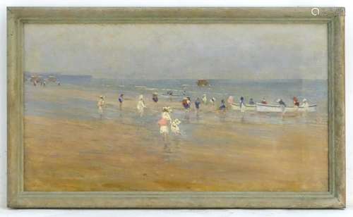 XIX-XX, Oil on canvas, Day at the Beach, A Victorian beach scene with women and children, boats