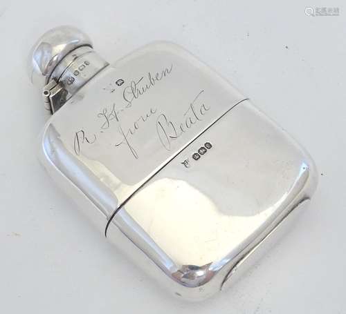 A Victorian silver hipflask with cup engraved RH Struben from Beata . Hallmarked Sheffield 1897