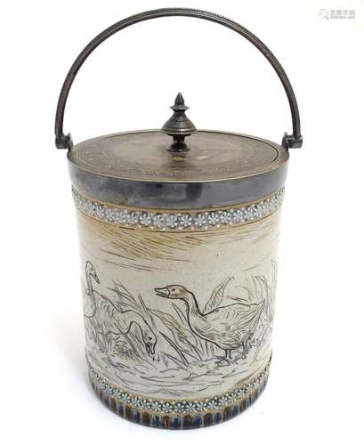 A Doulton Lambeth Hannah Barlow stoneware biscuit barrel of cylindrical form with incised