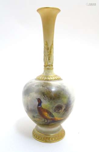 A Royal Worcester bottle shaped vase with hand painted decoration by James Stinton with pheasants in