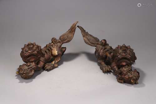 Pair Of Chinese Bronze Lion Ornaments With Gold Painting