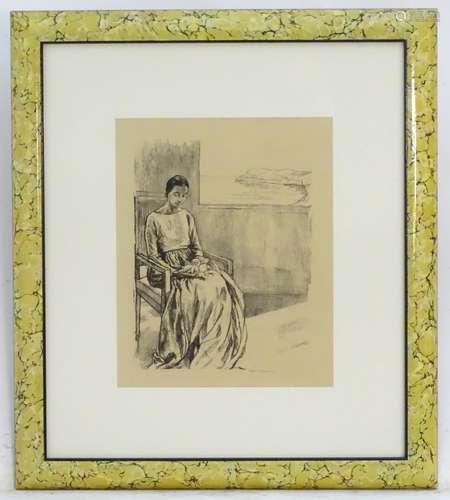 Ethel Gabain (1883-1950), Lithograph, A seated woman holding fruits, with a coastal view beyond.