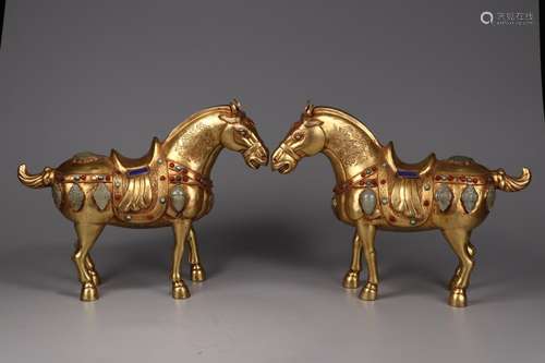 Pair Of Chinese Gilt Bronze Horse Shaped Ornaments