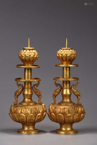 Pair Of Chinese Gilt Bronze Lotus Carving Candle Holders