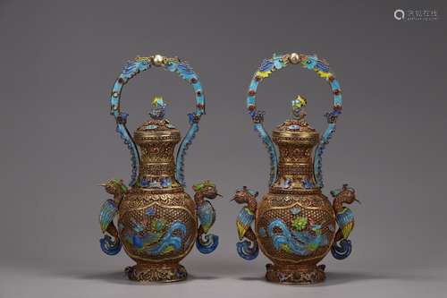 Pair Of Chinese Gilt Silver Enameling Blue Phoenix Vases