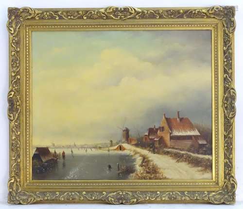 Johan van Zonderen (1925-1996), Oil on canvas, A Dutch winter landscape scene with figures ice