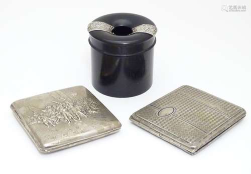 Assorted items comprising : an ebony hair tidy with hallmarked silver mount and two silver plate