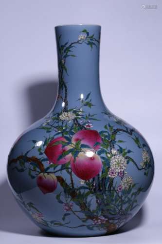 A Chinese Porcelain Blue Glazed Famille Rose Peach Bottle Vase