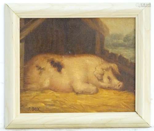 J Box, XX, Oil on canvas laid on board, A portrait of a pig at rest in a sty. Signed lower left.