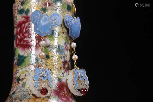 Pair Of Chinese Gilt Silver Earrings Embeded Hetian Jade