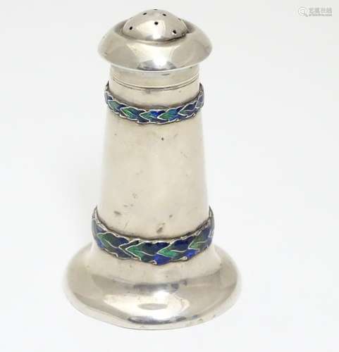 A Liberty & Co Arts and Crafts silver pepper pot of tapering cylindrical shape with domed and