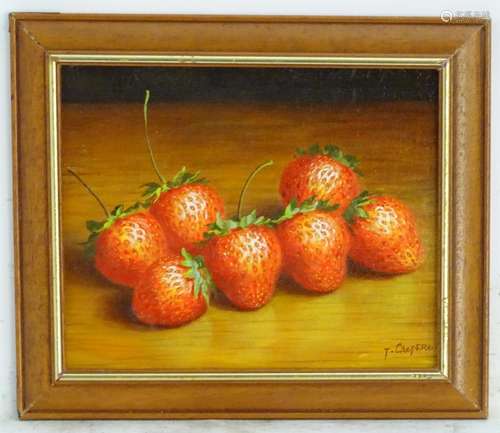 Tom Caspers, XX, Oil on canvas laid on board, A still life study of strawberries. Signed lower