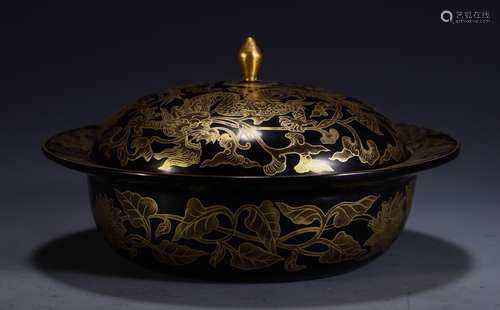 A Chinese Black Lacquerware With Gold Painting Box