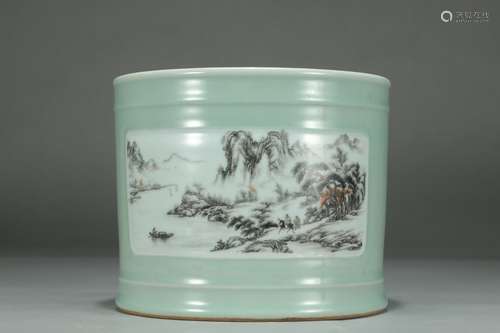 A Chinese Porcelain Pea-Green Glazed Ink Landscape Brush Pot