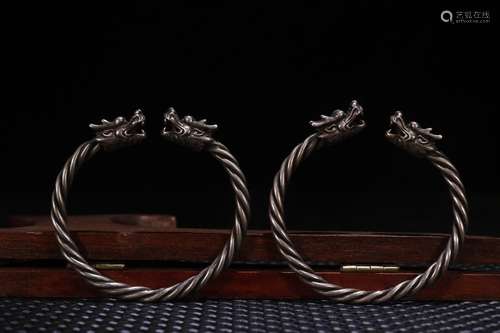 Pair Of Chinese Silver Dragon Pattern Bangles