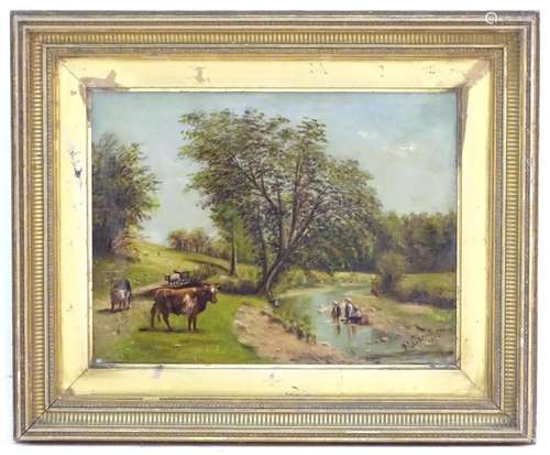 M. Cheetham, XIX, Oil on board, A wooded river landscape with children playing in the water and