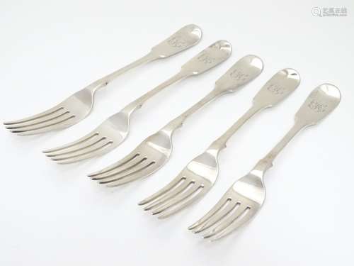 A set of 5 Victorian silver fiddle pattern table forks hallmarked London 1869 maker Chawner & Co (