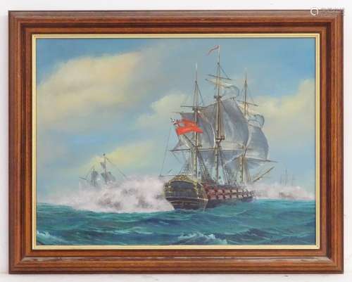 Freddie, XX, Marine School, Oil on canvas, A naval battle with tall ships at sea. Signed lower