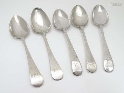 Five late 18th / early 19thC silver table spoons: 2 hallmarked London 1780 , 1 x London 1797, 1 x