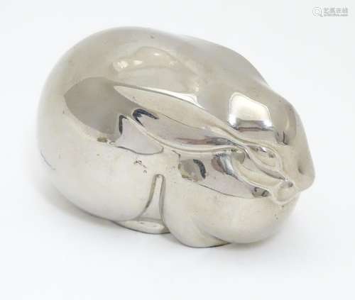 Dansk : A silver plate modernist paperweight formed as a rabbit. marked Dansk under. 2 3/4