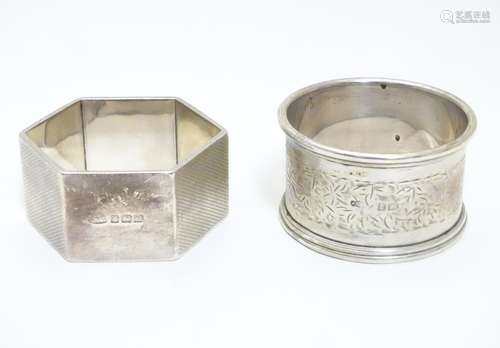 Two silver napkin rings, 1 hallmarked Birmingham 1913 maker Adie Bros Ltd , the other hallmarked