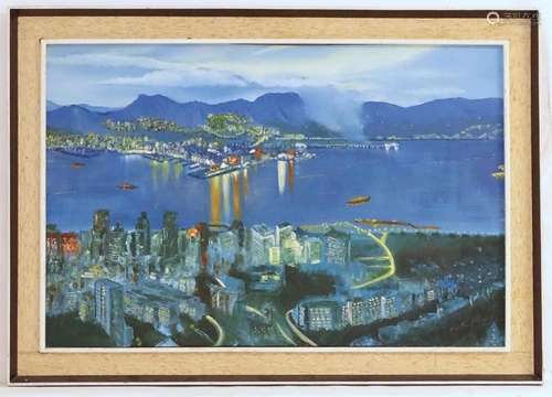 C. K. Pang, XX, Chinese School, Oil on canvas, A view over Hong Kong at dusk, with harbour lights