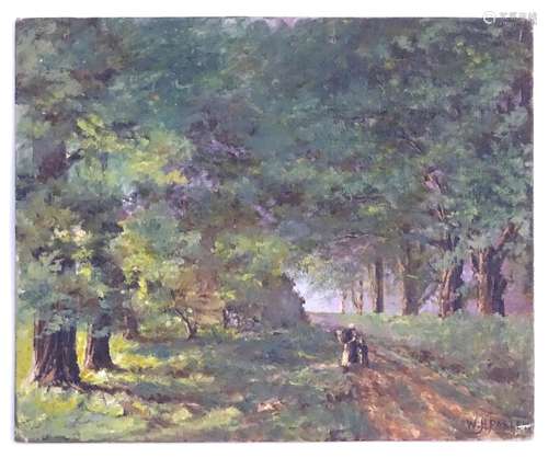 W. H. Pasley (1900-1979), English School, Oil on canvas board, A wooded landscape with figures on