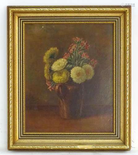 D.W., XIX, Oil on board, A still life study of yellow chrysanthemums and pink flowers in a jug.