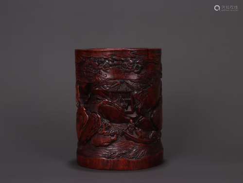 A Chinese Agarwood Figure-Story Brush Pot