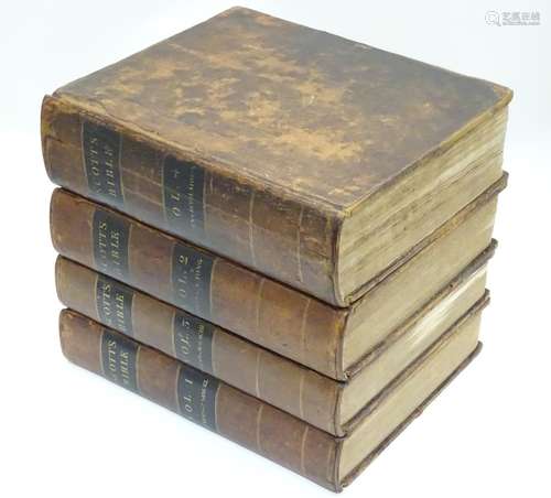 Books : The Holy Bible (Thomas Scott, pub. Seeley, Hatchard, Baldwin 1812), in four leather-bound