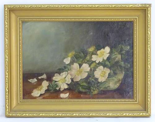 Monogrammed CJ, XIX, Oil on canvas, Still life study of wild / dog rose flowers in a bowl.