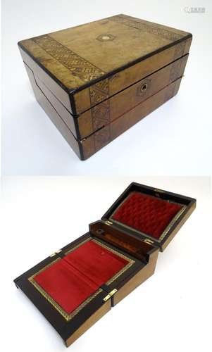 A late 19thC walnut and mahogany writing slope with Tunbridgeware style inlay detailing. Approx. 6