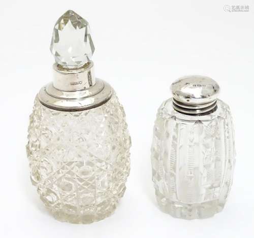 A perfume / scent bottle with silver collar hallmarked London c1914 , together with a cut glass