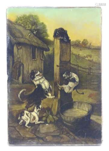 English School, Early XX, Oil on canvas, A Victorian farmyard scene with dogs after a marooned cat