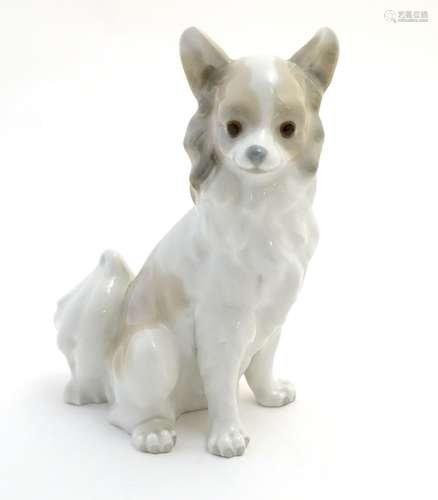 A Nao figurine modelled as a seated long haired chihuahua / papillon dog. Impressed NAO mark to