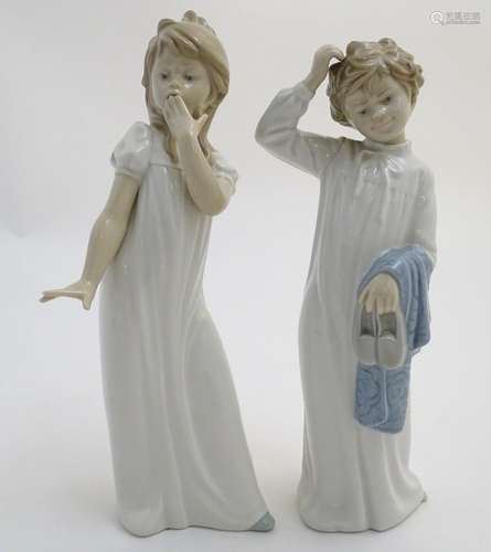 Two Nao bedtime figures to include Yawning Girl, model no. 230, and Boy with Slippers, model no.