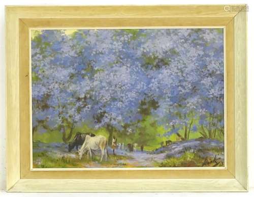 Rankin, XX, Oil on board, An Impressionist style wooded landscape with trees in blossom and cattle