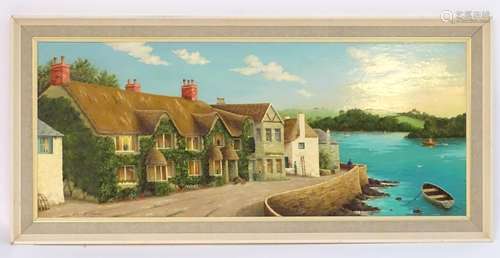 Colin Richardson, XX, Cornish School, A Cornish harbour scene with thatched cottages, figures and