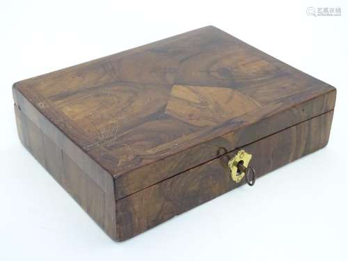 A 19thC laburnum box with a hinged lid and three sectional interior. Approx. 2 1/2