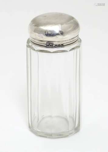 A glass toilet jar with silver top hallmarked London 1901 maker Mappin & Webb Ltd. 3 1/2